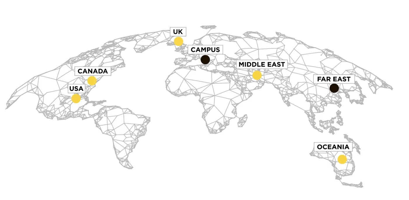 Macron Standorte weltweit: Campus Bologna, USA, Kanada, UK, Naher Osten, Ferner Osten, Ozeanien